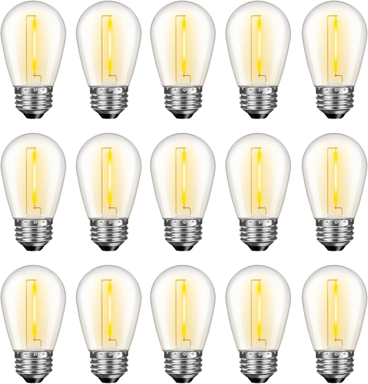 Svater Replacement Bulbs for Outdoor String Lights, 15 Pack S14 LED Bulbs for Patio, E26 Base 1W Bulb Equal to 11W Incandescent, Dimmable,Shatterproof 2700K Warm White