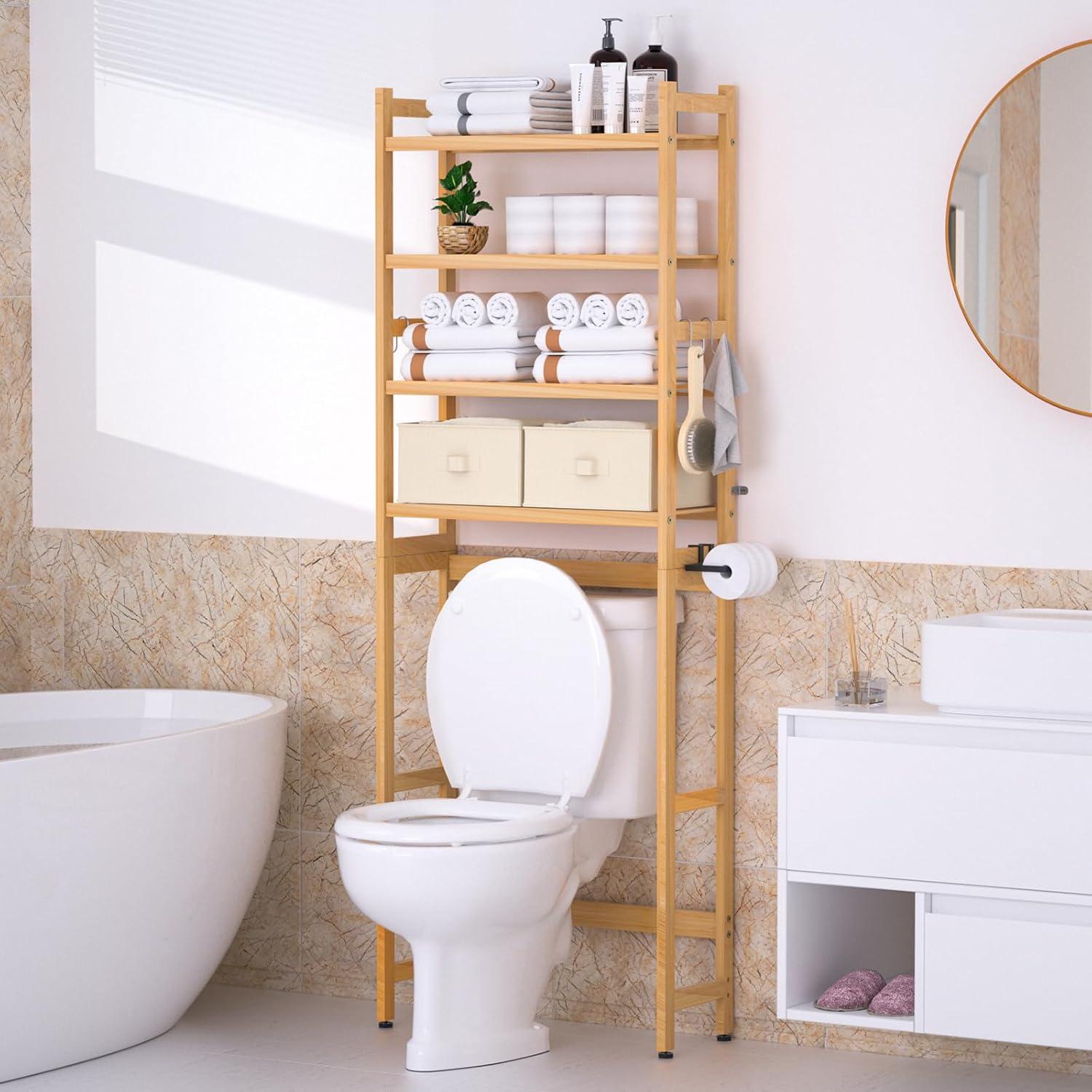 Natural Bamboo 4-Tier Over-the-Toilet Storage Rack with Baskets