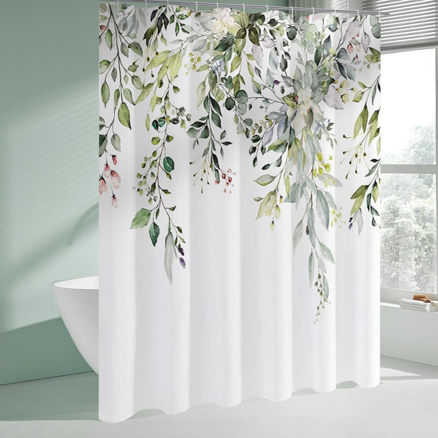 Eucalyptus Watercolor Leaves Semi-Sheer Waterproof Shower Curtain