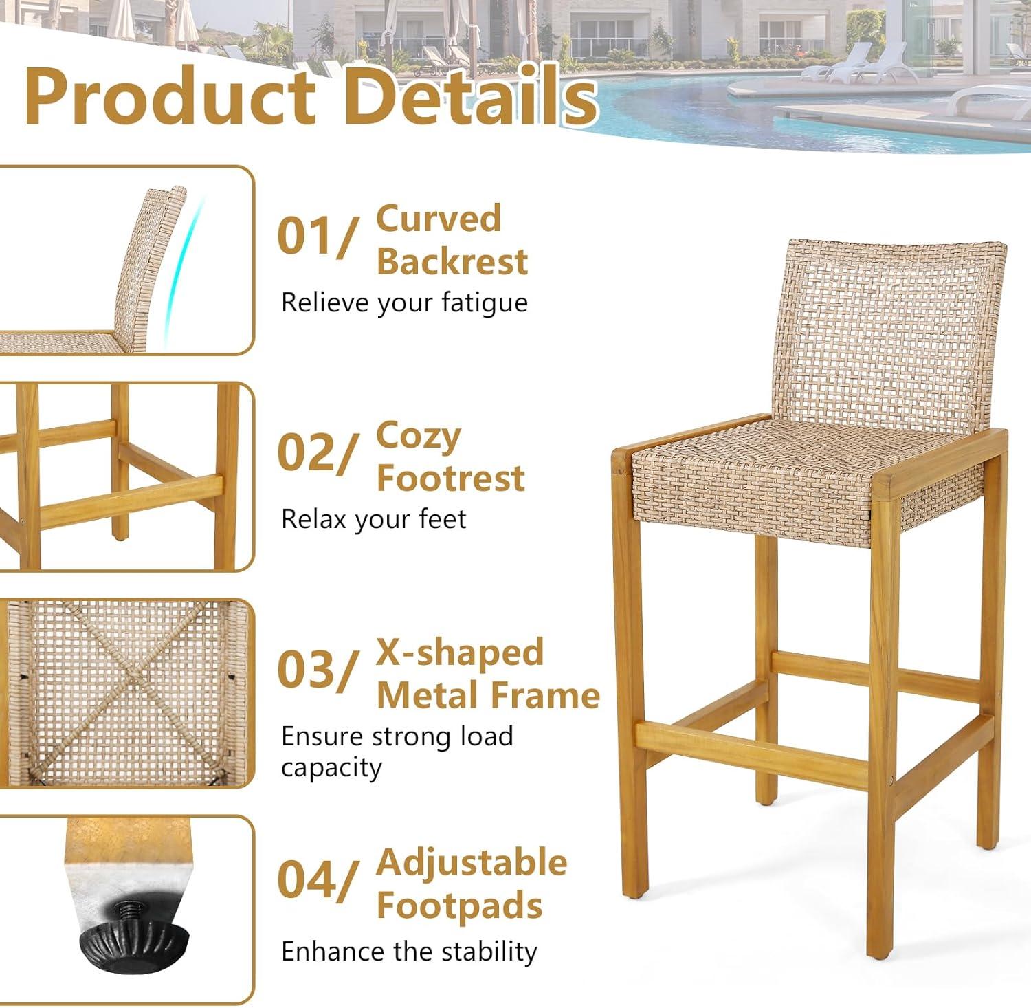 Costway Set of 4 Patio Wood Barstools Rattan Bar Height Chairs with Backrest Porch Balcony