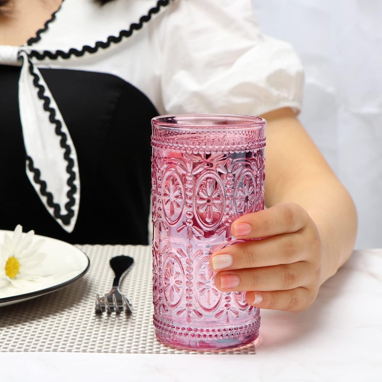 Drinking Highball Beverage Glass Cup, Vintage Drinking Glasses, Colored Glassware Set for Party Wedding Home Office Gift, Set of 4 ,Pink