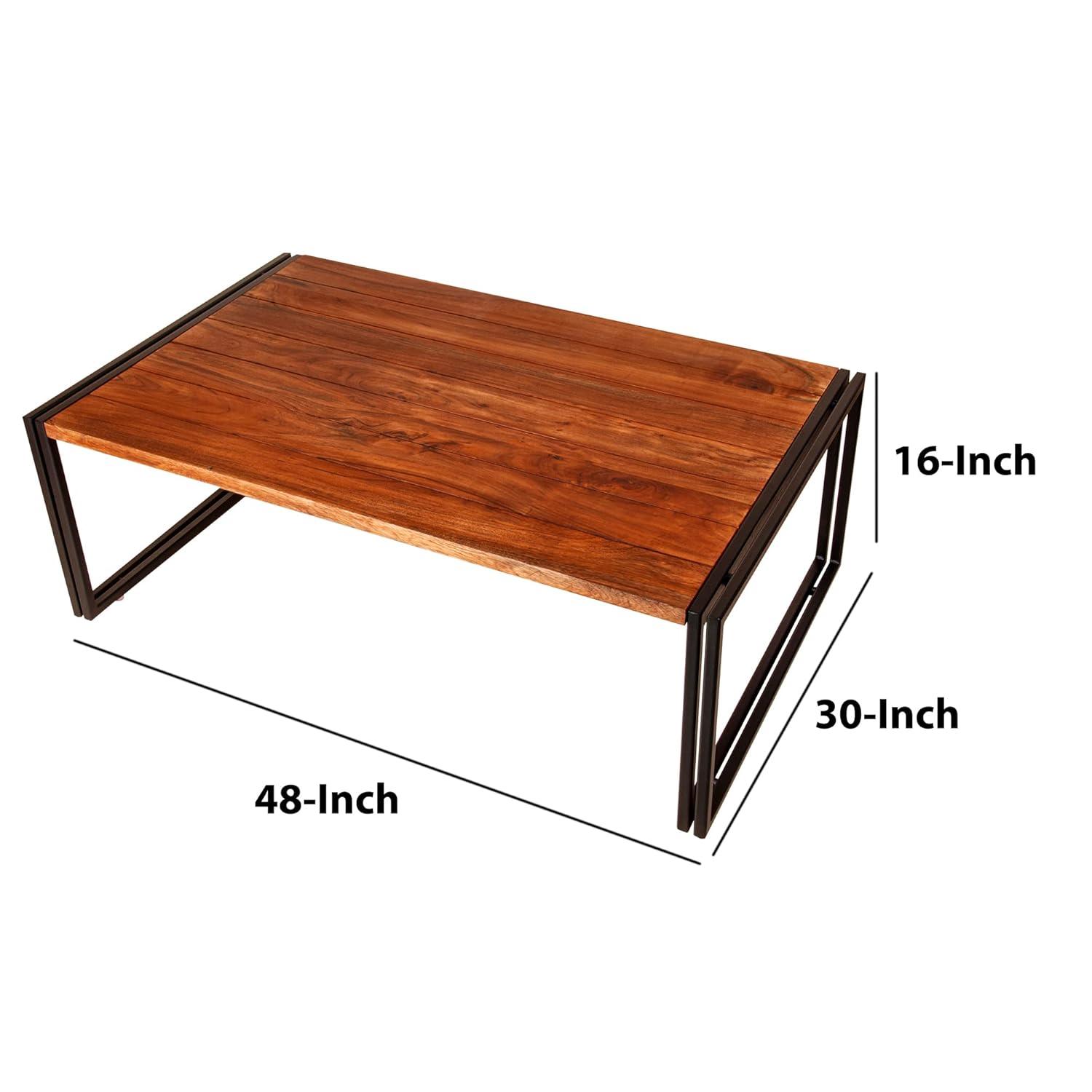 48 Inch Wooden Coffee Table with Double Metal Sled Base Brown and Black - Saltoro Sherpi