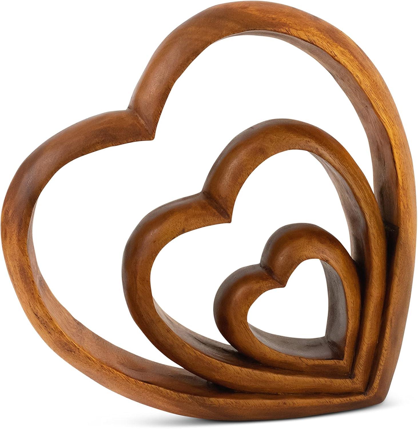 Handcrafted Suar Wood Heart Trio Valentine's Day Sculpture