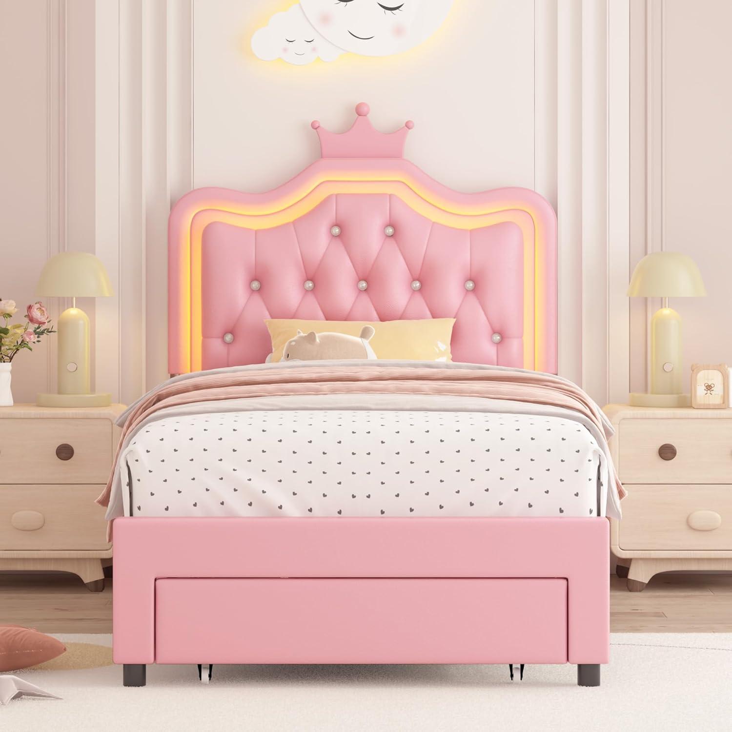 Homfa Twin Size LED Upholstered Bed with Adjustable Crystal Button Tufted Crown Headboard, Soft PU Princess Platform Bed with Storage Drawer, Pink