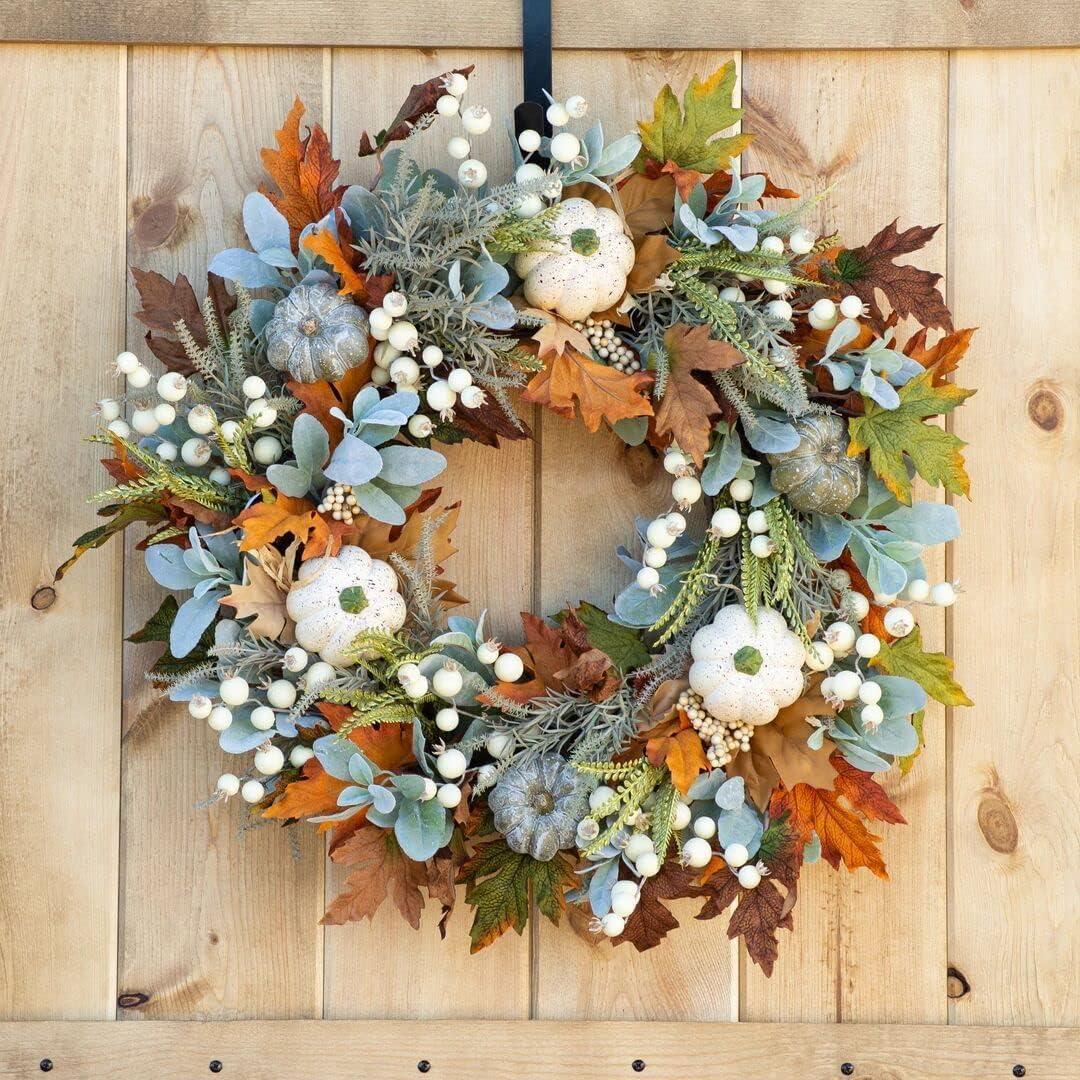 Artificial Fall Wreaths for Front Door Rustic Autumn Wreath with Pumpkin,Rose,Berry Branchesm,Mixed Leaves Thanksgiving Wreath Fall Door Wreath for Halloween Thanksgiving Indoor Outdoor Decor (A15.7)