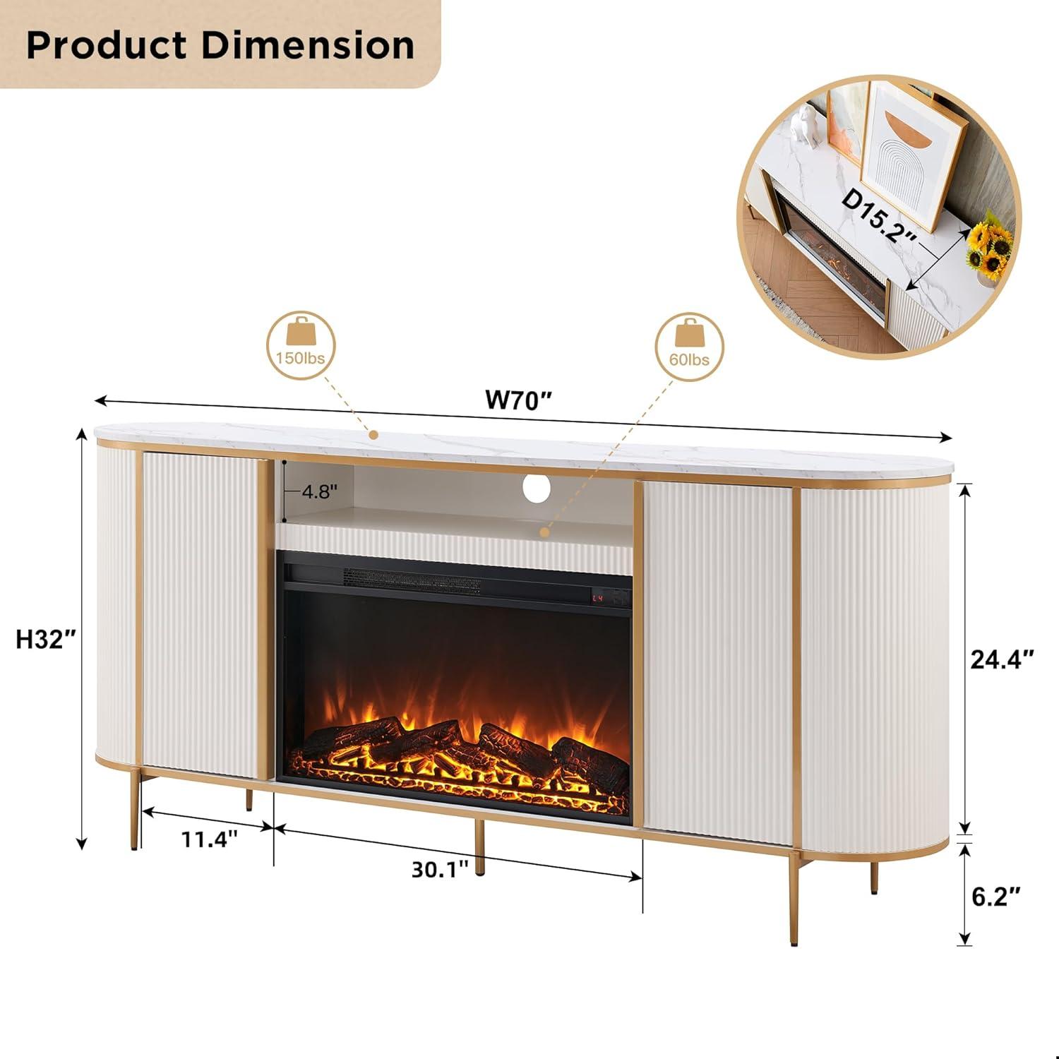SinCiDo Luxury 70" Fluted TV Stand, Modern TV Console for TVs Up to 80 inches, Faux Marble Top & Curved Design, Off White