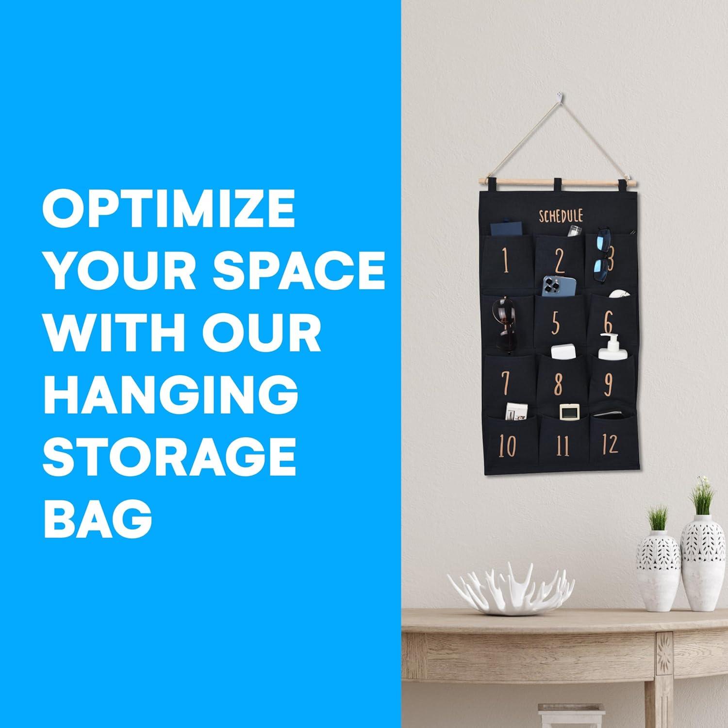 Bins & Things Hanging Organizer - 2x28x15-Inch Wall Fabric Hanging Organizer with 12 Compartments - Aesthetic Organizer Hang Over The Door - Closet Hanging Storage Pockets and Pouch Canvas Bag