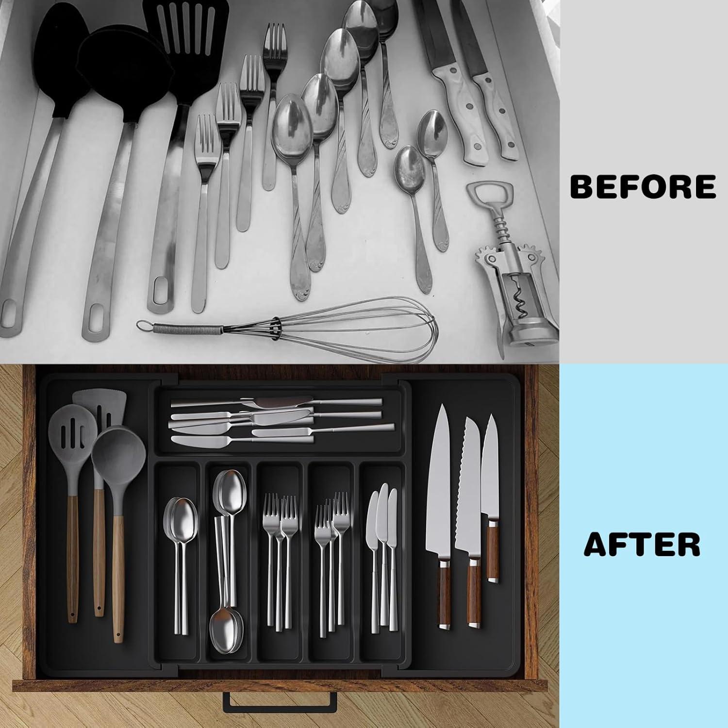 Silverware Drawer Organizer,  Black Expandable Utensil Tray for Kitchen, BPA Free Flatware and Cutlery Holder, Adjustable Plastic Storage for Spoons Forks Knives, Large