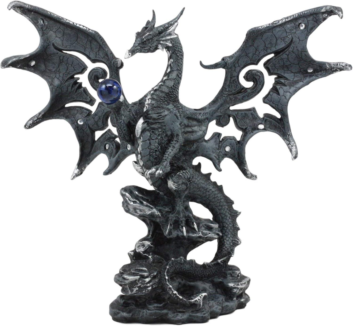 Gothic Black Resin Dragon Statue with Blue Orb