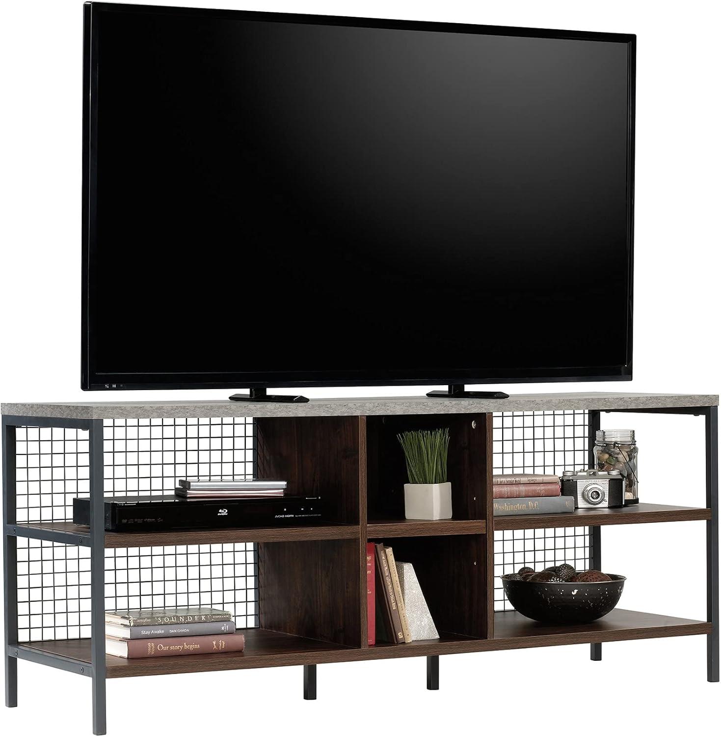 Sauder Market Commons TV Stand for TVs up to 60" Walnut: Mid-Century Modern, Metal Frame, Laminate Surface