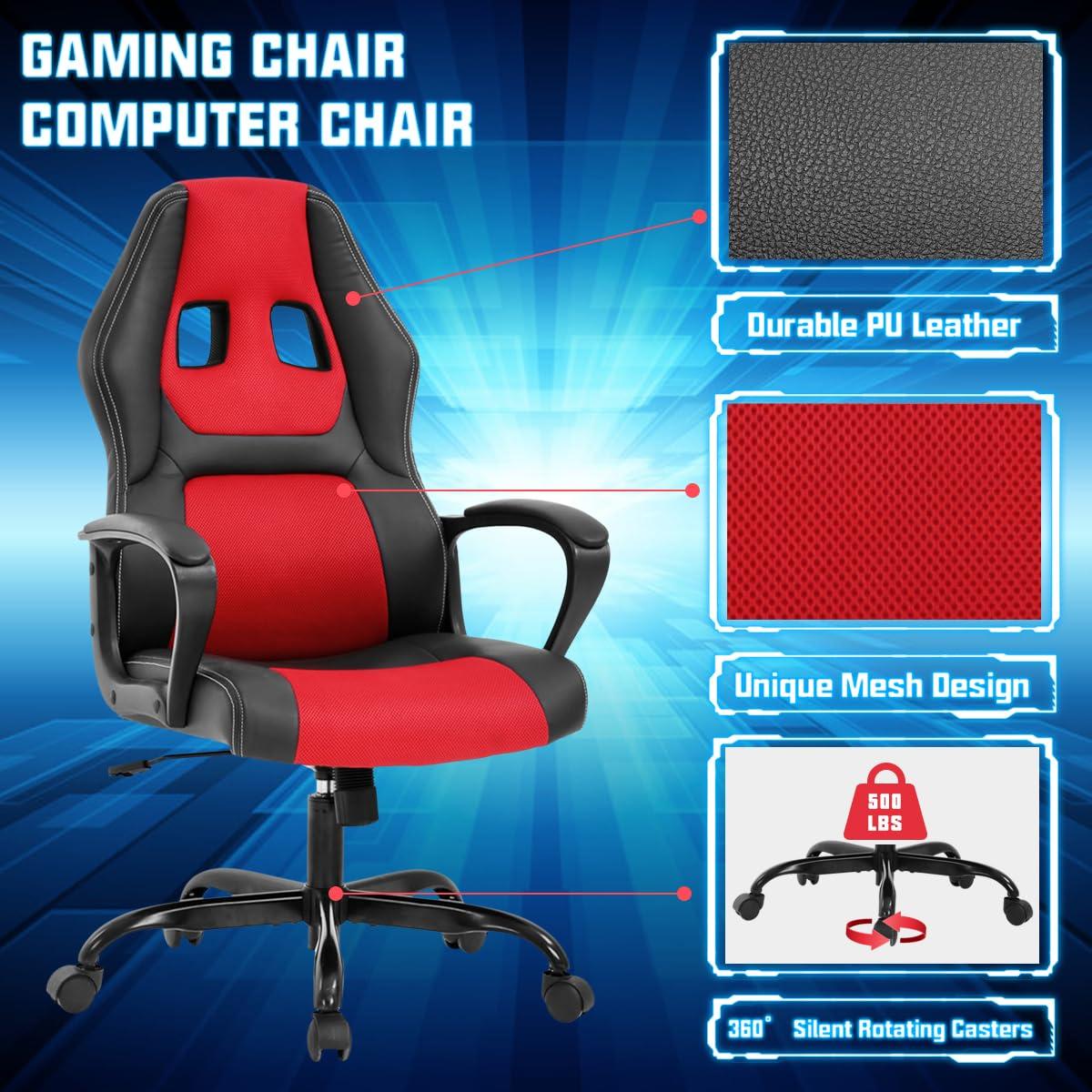 Dkelincs Gaming Chair Adjustable Game Chair PU Leather Computer Chair High Back Office Desk Chair with 360° Rolling Wheels & Lumbar Support for Teen, Red