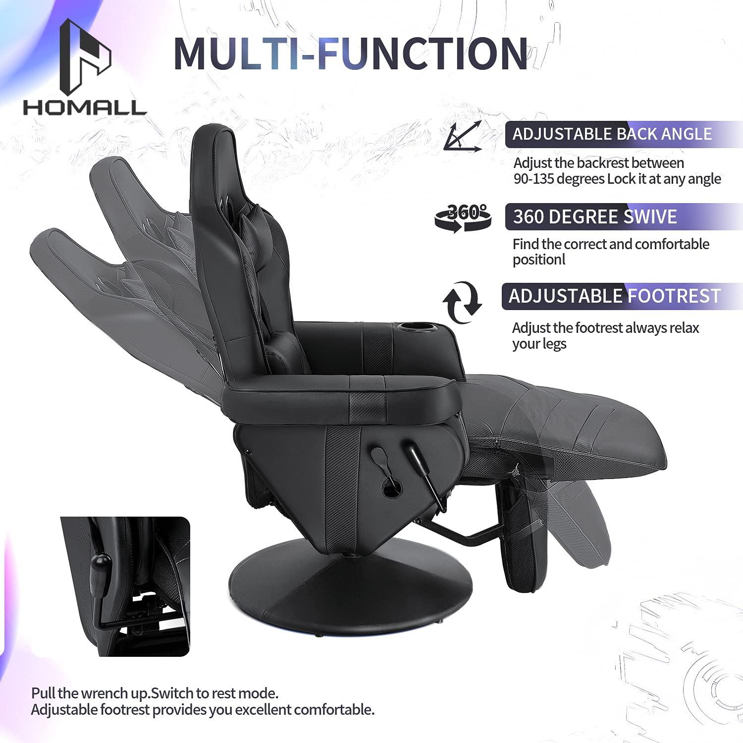 Homall Computer Racing Style Pu Leather Ergonomic Adjusted Reclining Video Gaming Single Sofa Chair with Footrest Headrest and Lumbar Support (Black)