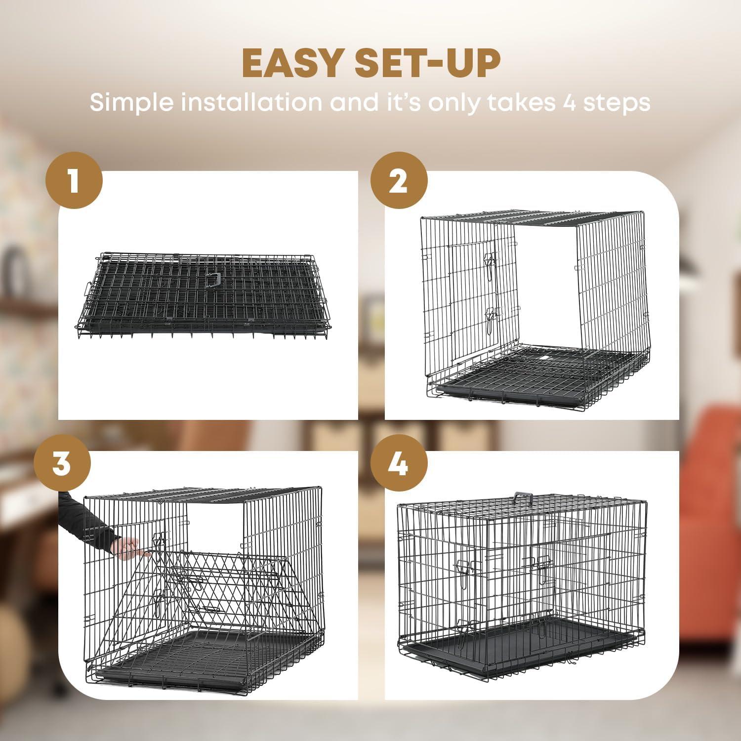 CL.HPAHKL Durable Large Dog Crate, Folding Metal Dog Kennel Double Door Dog Cage with Plastic Tray, Wire Crate for Large Dog Indoor Outdoor Travel (Black, 42 inch)