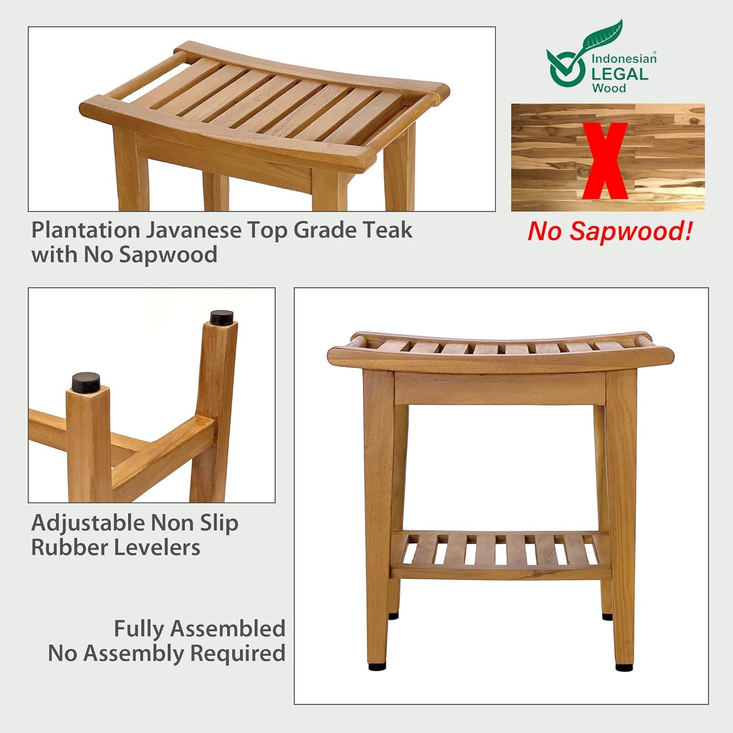 Solid Teak Indoor Outdoor Spa Stool with Bottom Shelf