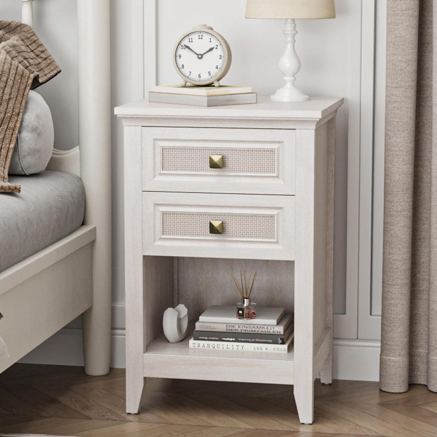 Grayish White Farmhouse Nightstand with Rattan Drawers