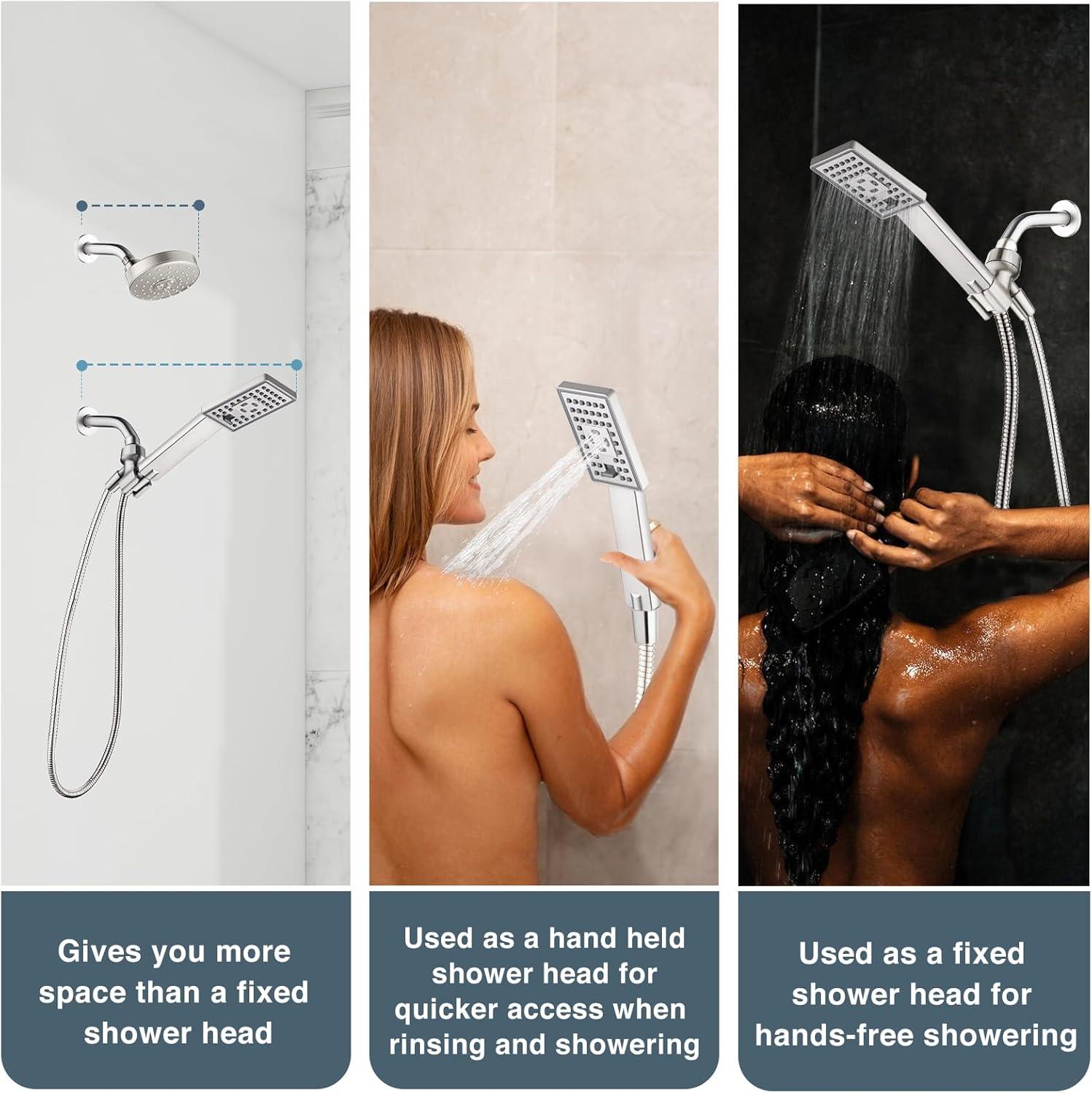 BRIGHT SHOWERS High Pressure Handheld Shower Head Set, High Flow Hand Held Showerhead with 60" Long Stainless Steel Hose and Adjustable Wall Bracket, 3 Spray Setting Shower Wand, Brushed Nickel