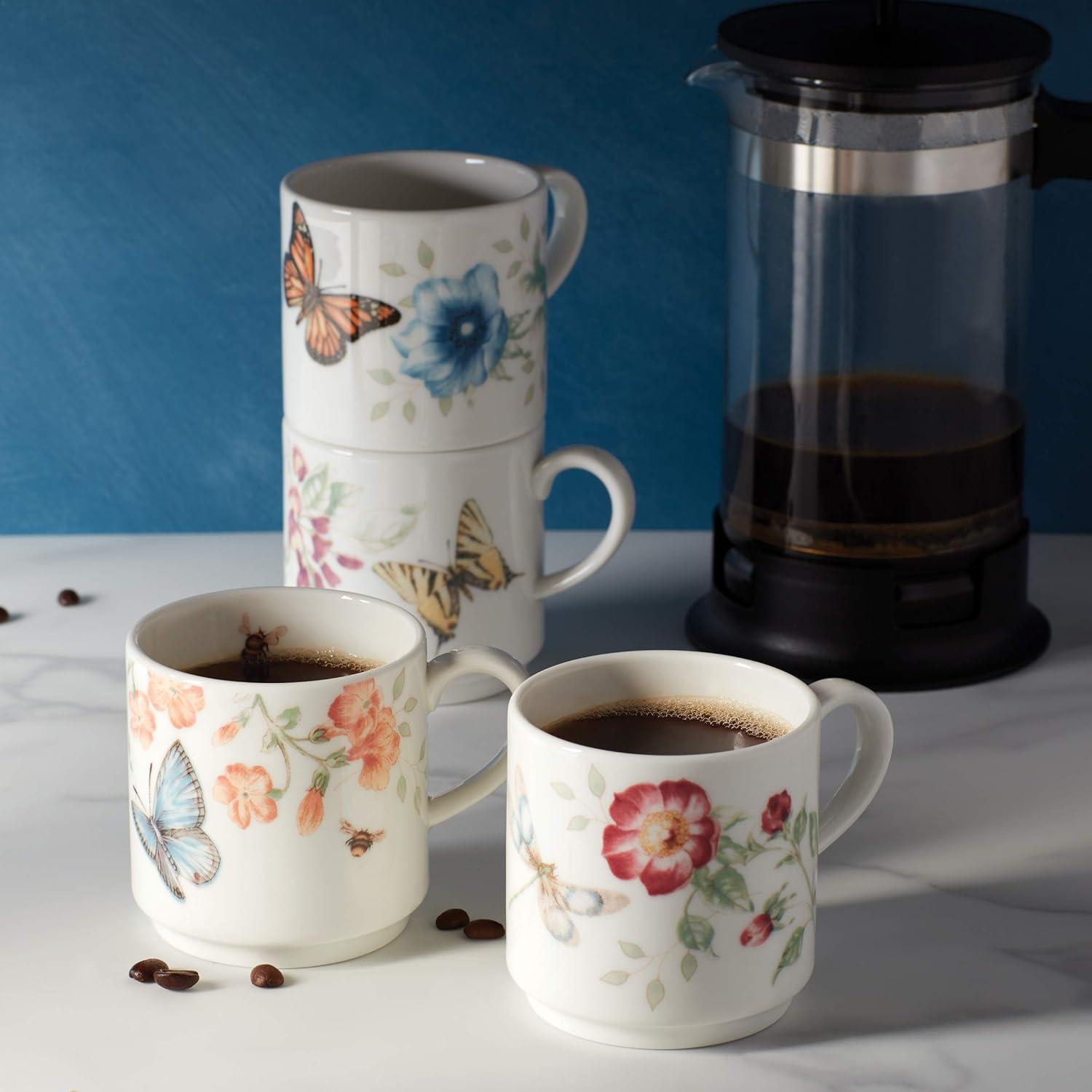 White Ceramic Butterfly and Floral Stacking Mug Set