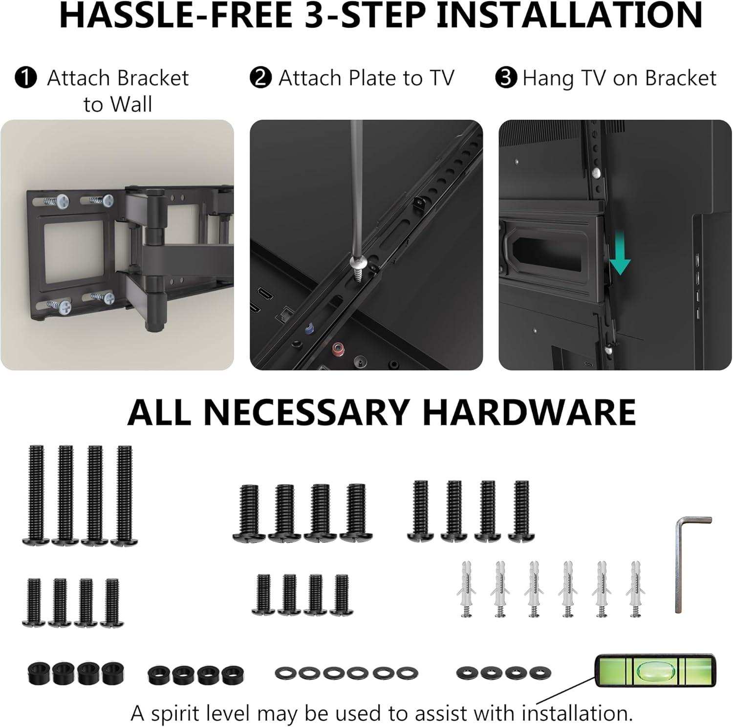 WALI TV Wall Mount for Most 32-70 inch Flat Curved TV, Full Motion Articulating Arm TV Bracket for LED, LCD, OLED Screen TVs up to 88lbs, Mounting Holes 400x400mm (FTM-2), Black