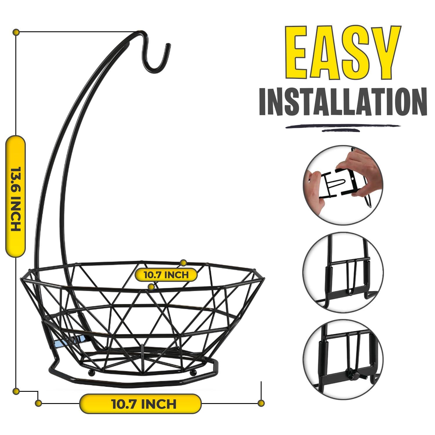 Fruit Basket with Banana Hanger and Fruit Bowl. Kitchen Counter Fruit Bowl with Banana Holder used as Bread, Vegetable or Produce Basket, Egg Holder, 2 Tier