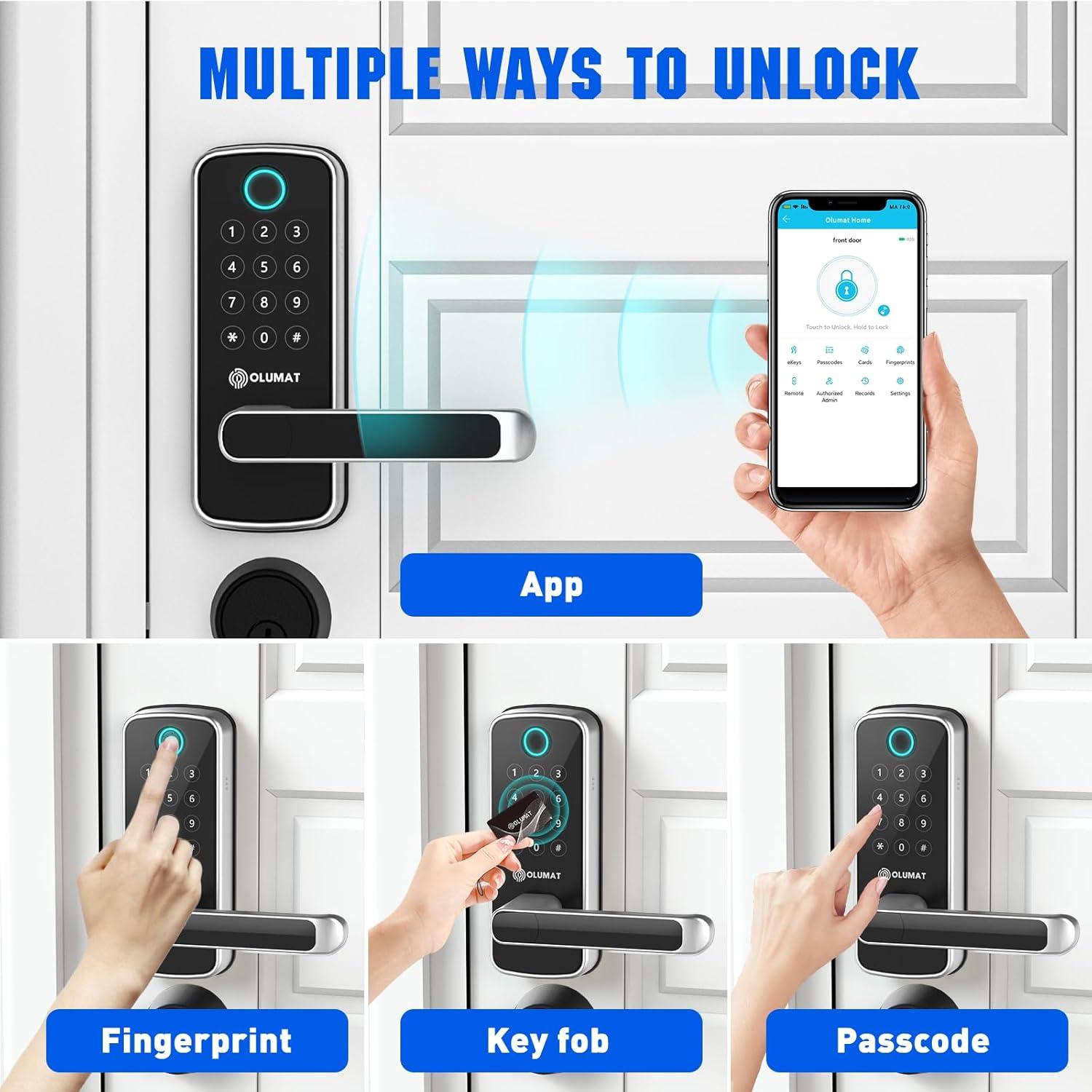 Smart Lock with Handle: Wi-Fi Keyless Entry Door Lock - Smart Locks for Front Door - Biometric Fingerprint Door Lock - Smart Door Lock with Keypad - Garage Door with App Control - Auto Lock