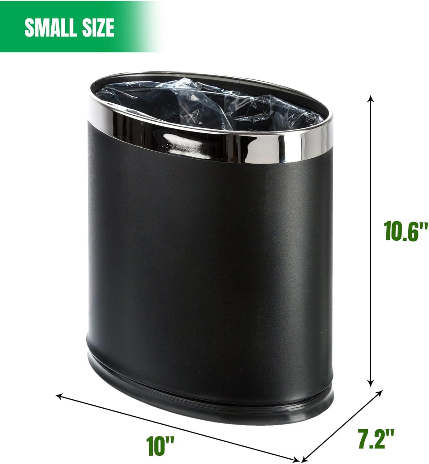 'Invisi-Overlap' Metal Trash Can, Open Top Small Office Wastebasket, Oval Shape (Black)