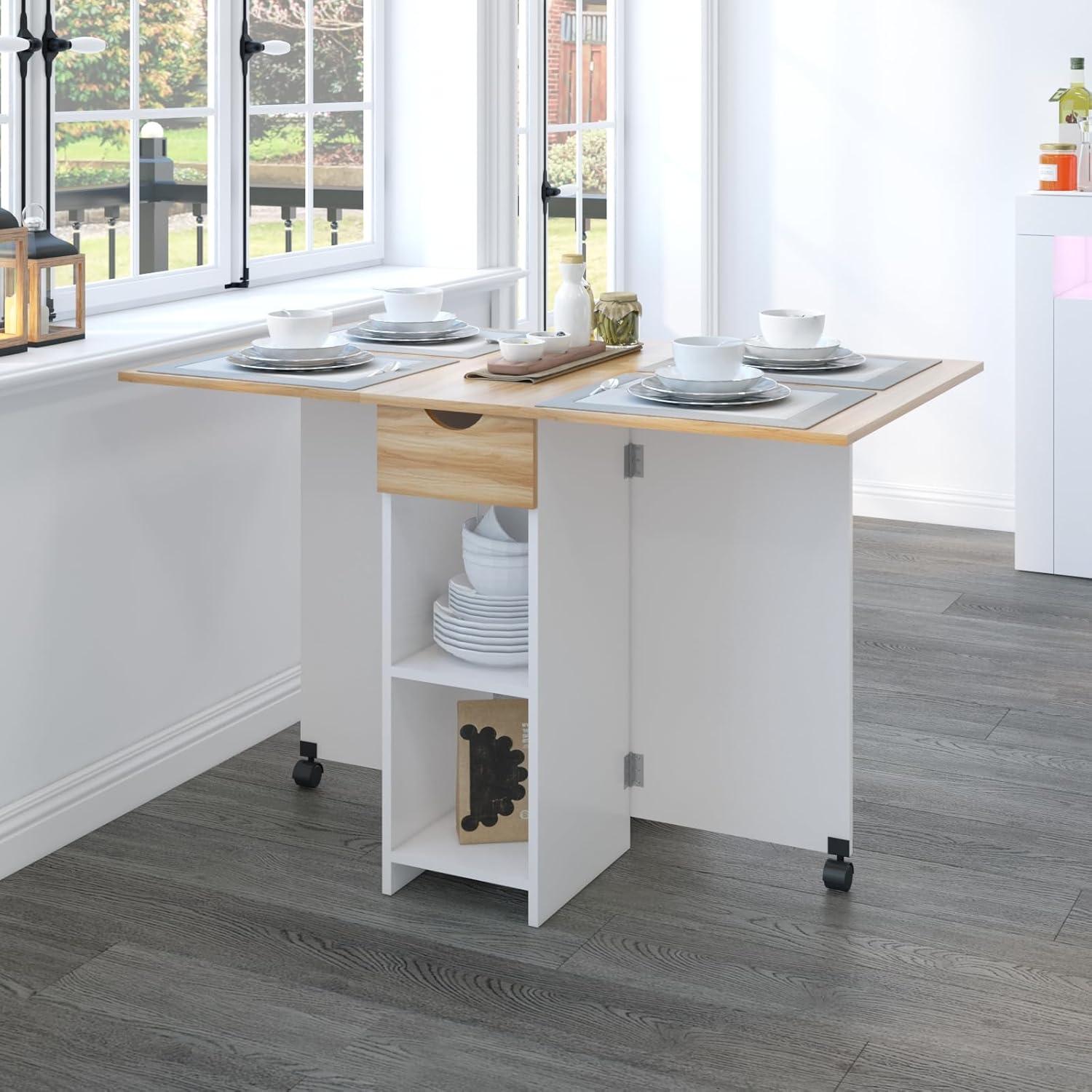 Mobile Folding Dining Table, Drop Leaf Table with 1 Drawer and 2 Open Storage Shelves for Small Space Dining Room Kitchen, White & Red Oak