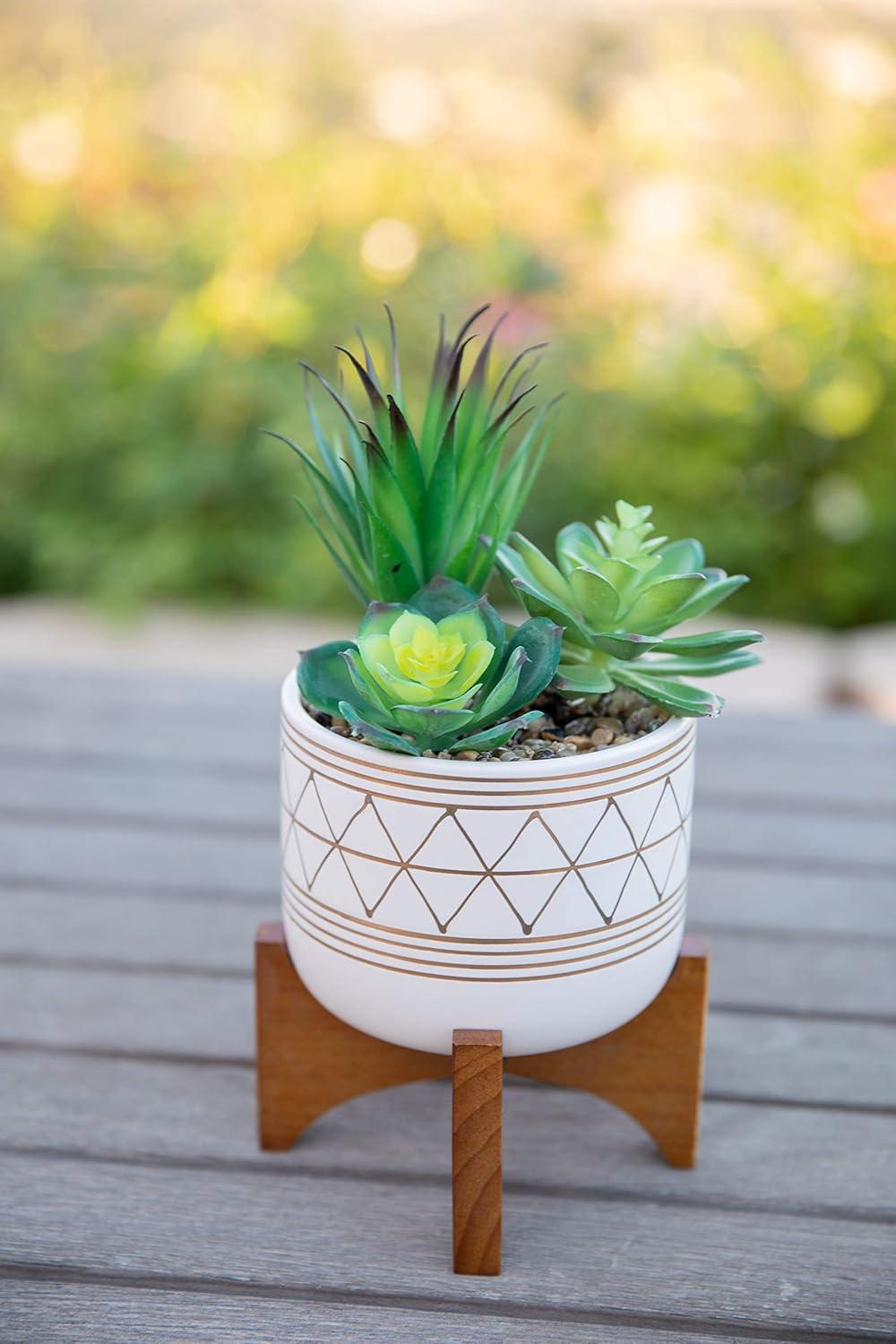 10" H Artificial Succulent Mix in Gold Geo Hand Painted Ceramic Footed Pot on Wood Stand