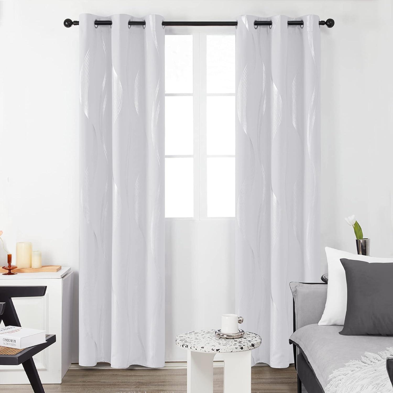 Deconovo Silver Wave Line Foil Printed Blackout Curtains Grommet Panels with 52x54 inch 1 Pair White