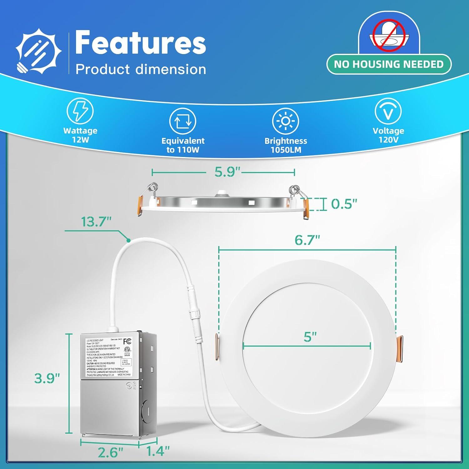 FREELICHT 24 Pack 6 Inch 5CCT Ultra-Thin LED Recessed Ceiling Light with Junction Box, 2700K/3000K/3500K/4000K/5000K Selectable, 1050LM Brightness, Dimmable Canless Wafer Downlight, 12Weqv110W-EtlFcc