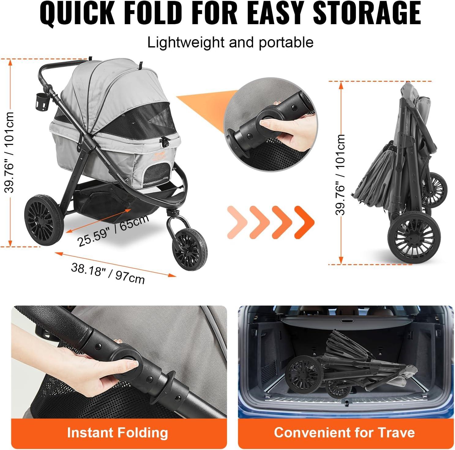 Gray Large Pet Stroller with Adjustable Handle and Storage