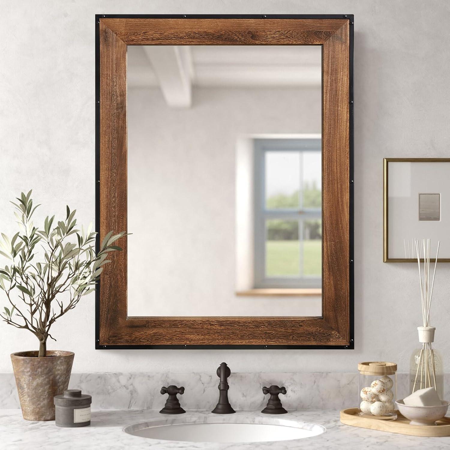 Rustic Natural Wood and Iron Rectangular Wall Mirror
