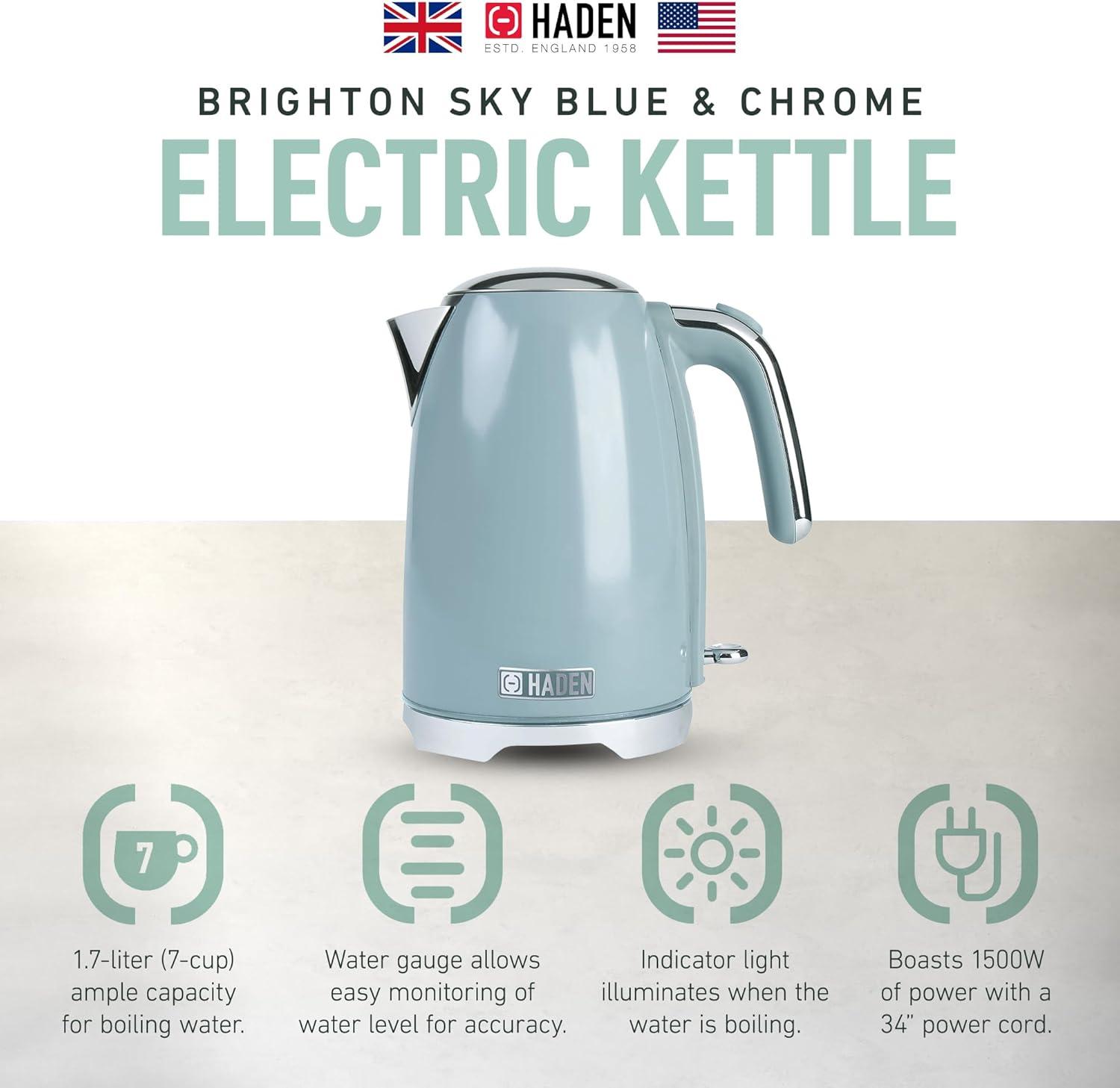 Sky Blue Retro Cordless Electric Kettle with Chrome Accents