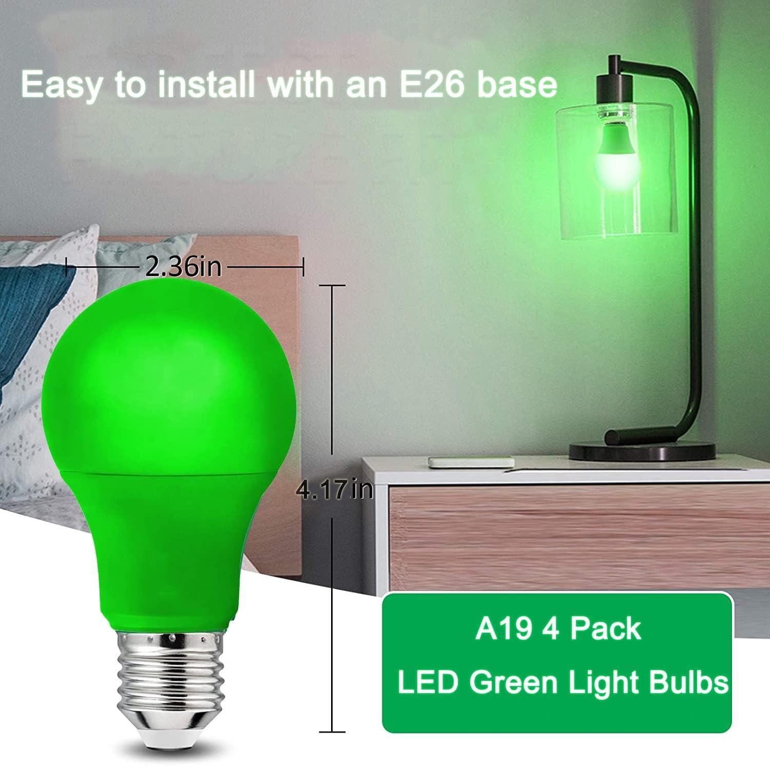 EDISHINE Green LED Light Bulbs for Holiday Party Decoration, A19 9W LED Bulbs 60W Equivalent E26 Base 4 Pack, ETL Listed