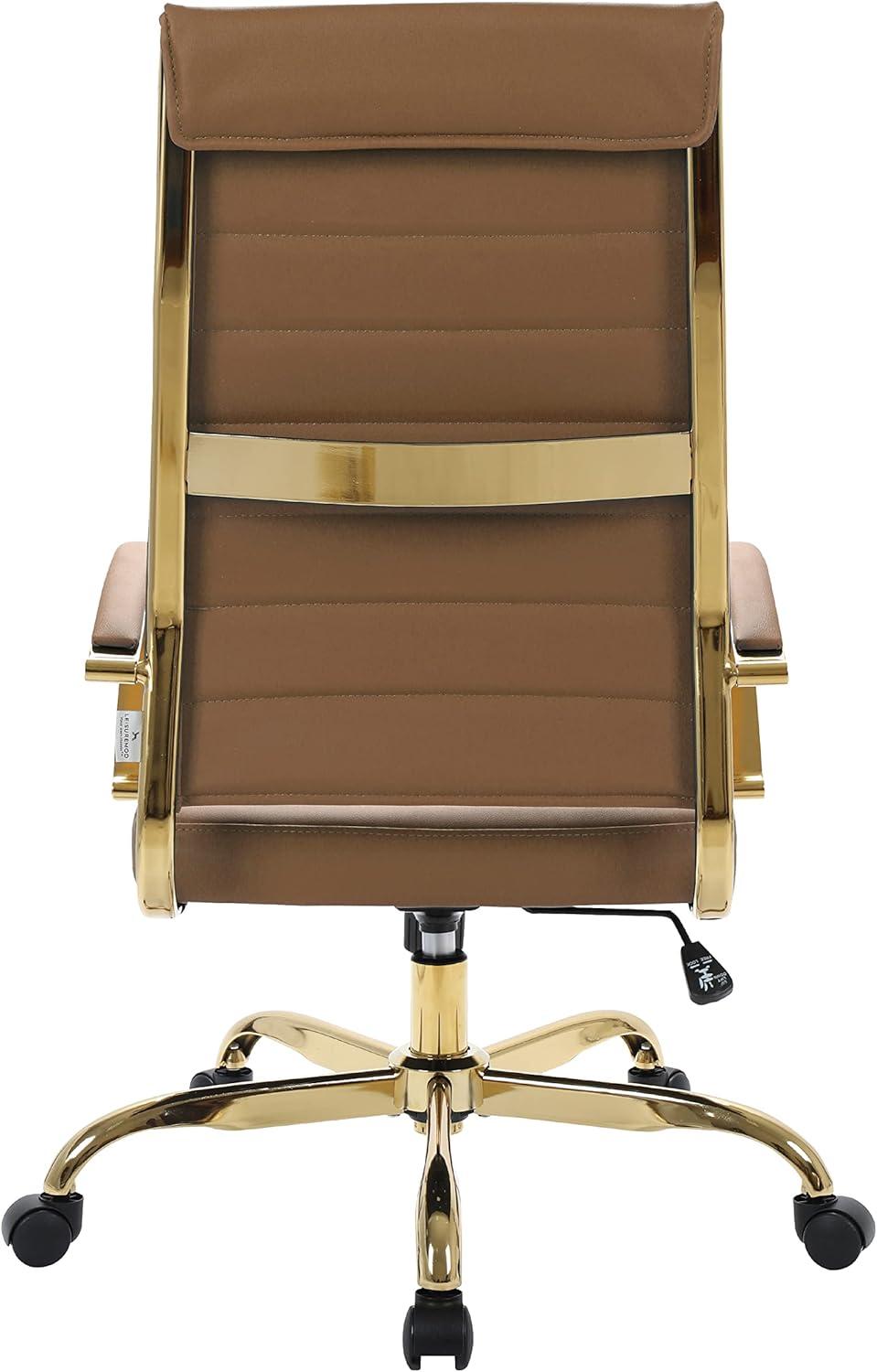 LeisureMod Benmar High-Back Leather Office Chair With Gold Frame in Light Brown