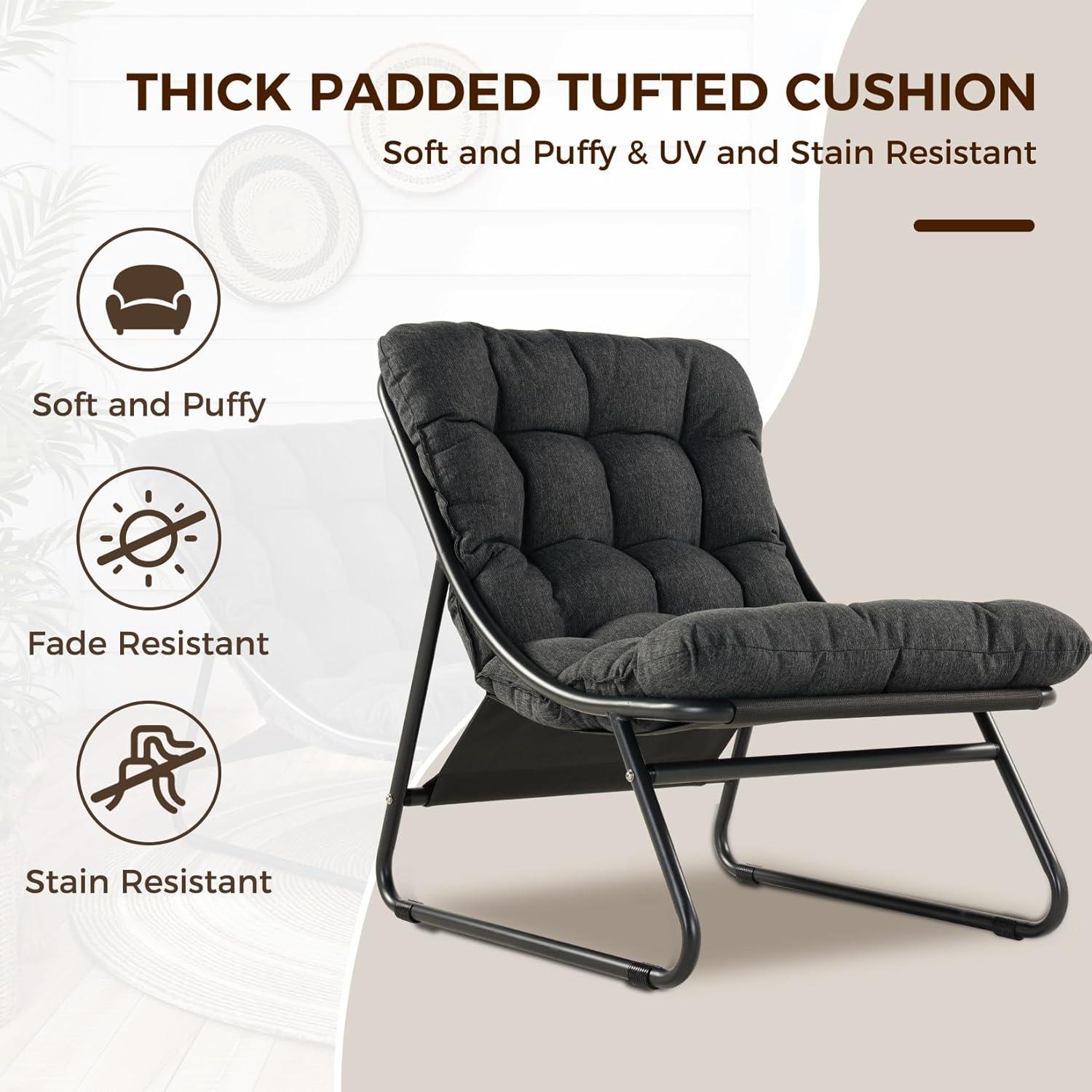 Grand Patio Outdoor Lounge Chair with Ottoman, Comfy Sling Recliner Chair with Puffy Cushion, Samba Modern Steel Patio Furniture Set for Porch Deck Garden Living Room, Champagne Gray