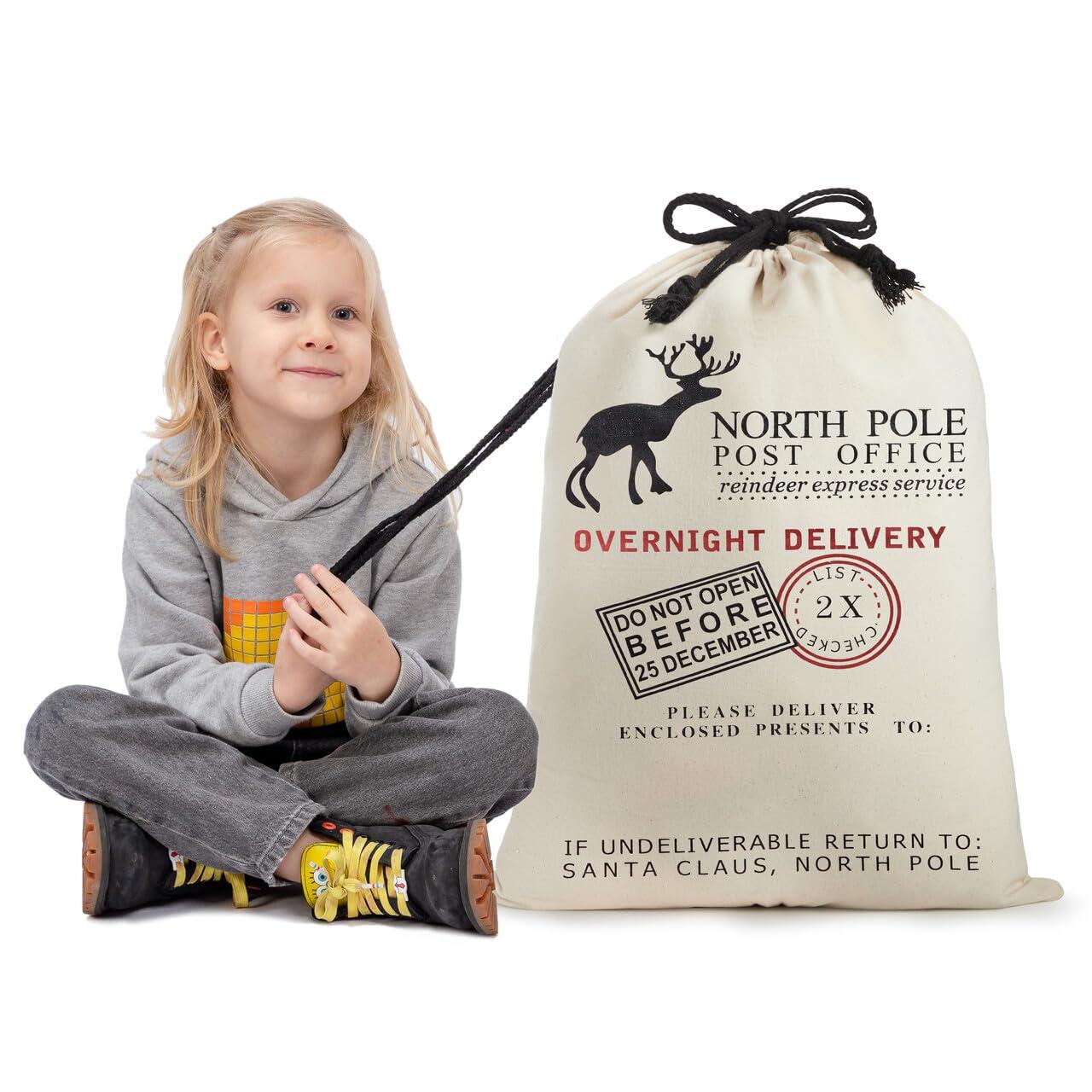 JOYIN 3 PCS Christmas Large Canvas Gift Bag 26" x 19", Drawstring Santa Burlap Sack Reusable Personalized Cloth Pouch for Xmas Presents Package, Party Supplies, Hoilday Decoration
