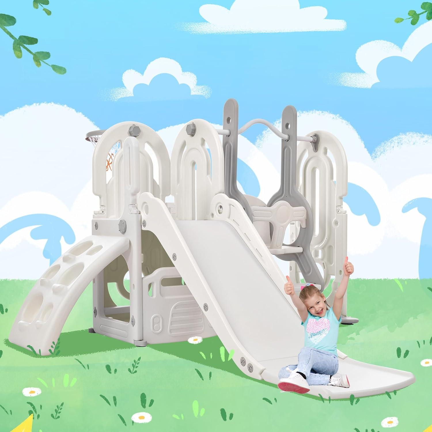 5 in 1 Toddler Climber and Slide Set for Backyard, Kids Playground Set with Slide, Swing, Climbing Ramp and Basketball Hoop, Indoor & Outdoor Playset for Children, Babies, Boys, Girls, Gray