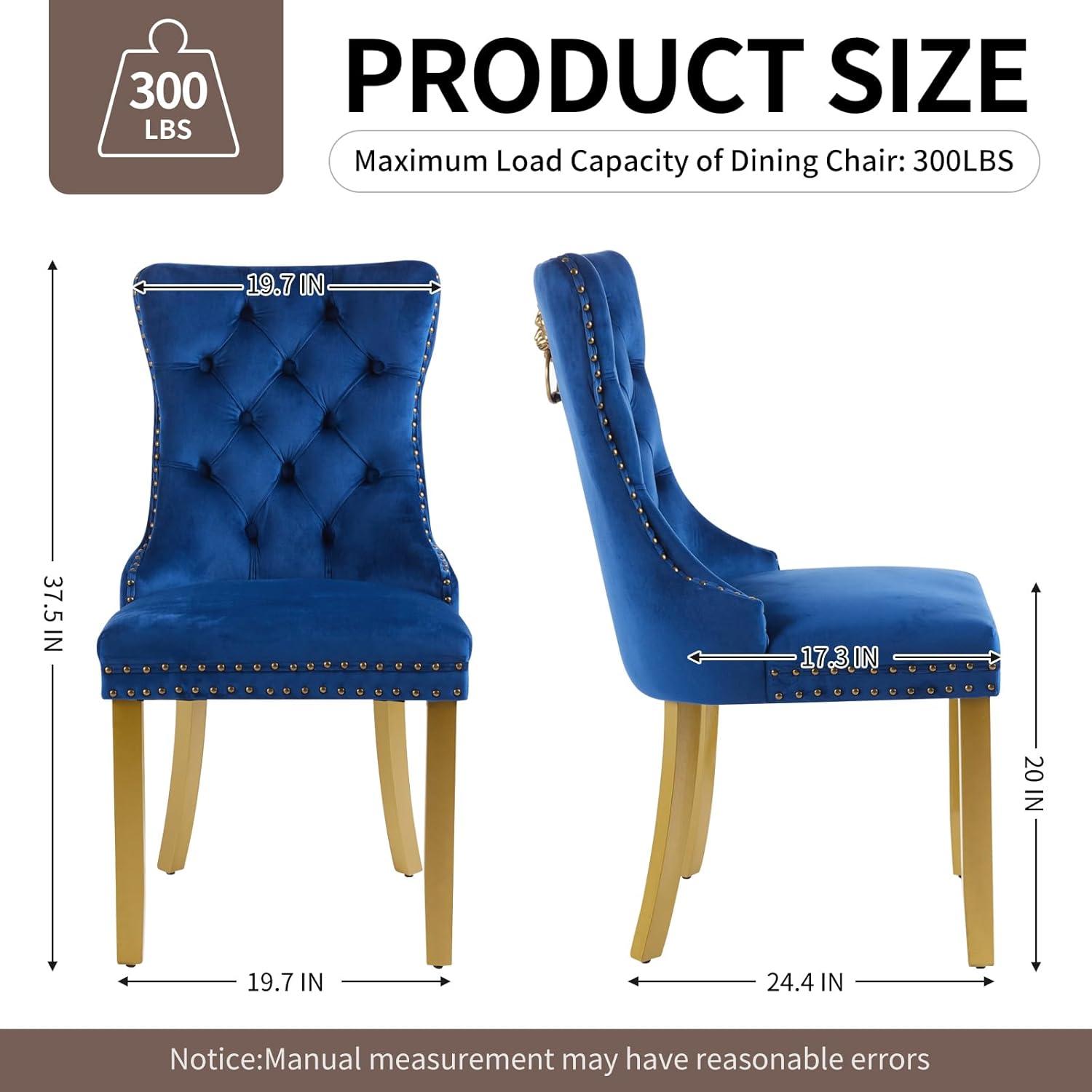 Velvet Upholstered Dining Chairs, Set of 2, Dining Room Tufted Chair, Modern Button Tufted Armless Chairs with Nailhead Trim and Back Ring Pull, Gold Legs, for Dining Room, Kitchen, Navy