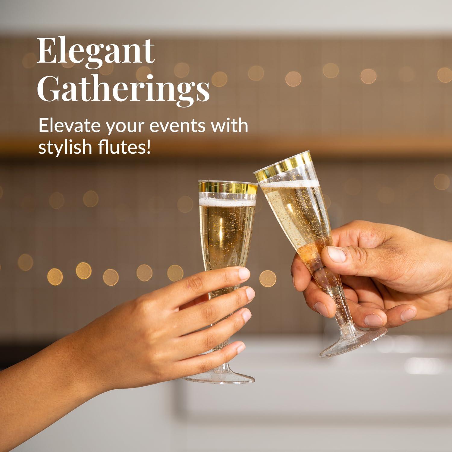 Prestee 24 Champagne Flutes Disposable, Gold Rim Glitter Plastic Cups