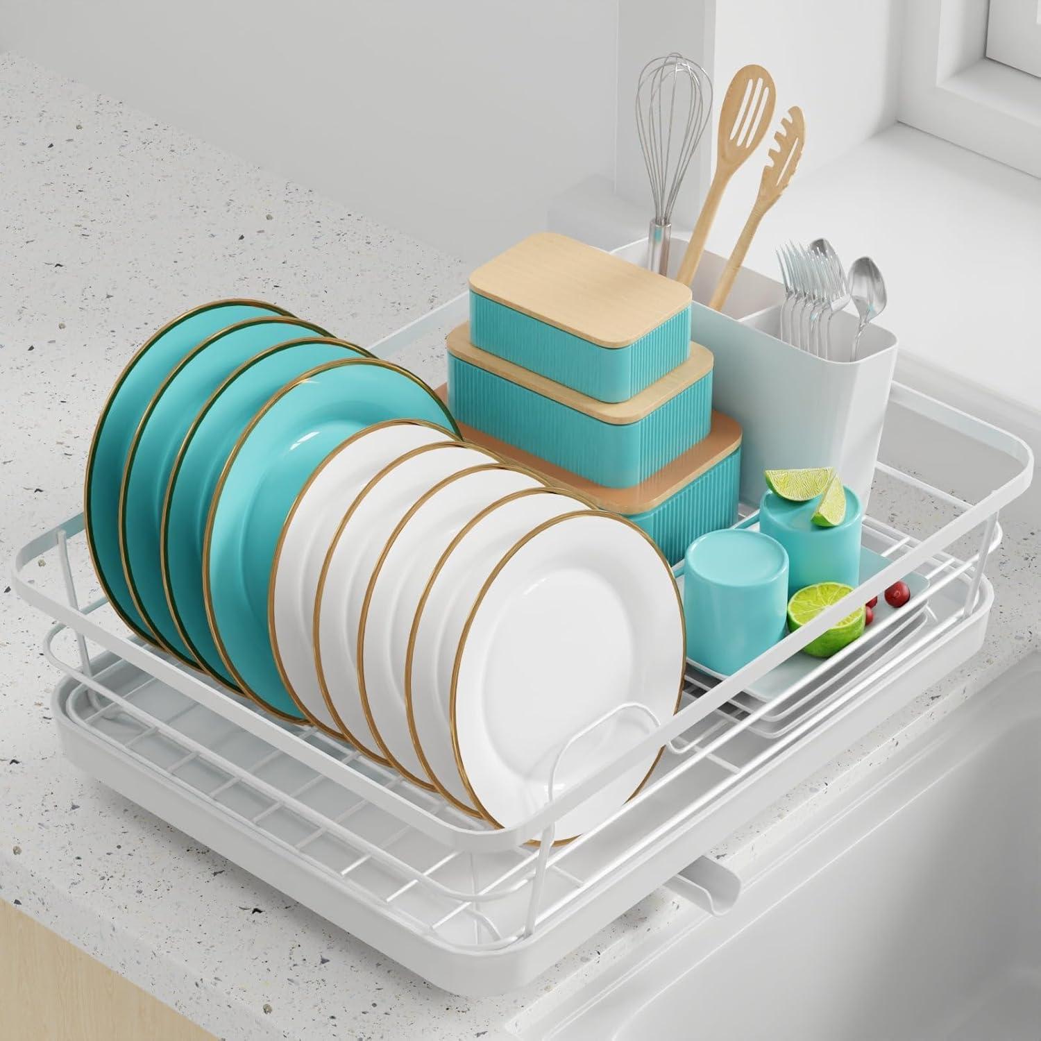 Compact Silver Stainless Steel Dish Drying Rack with Drainboard