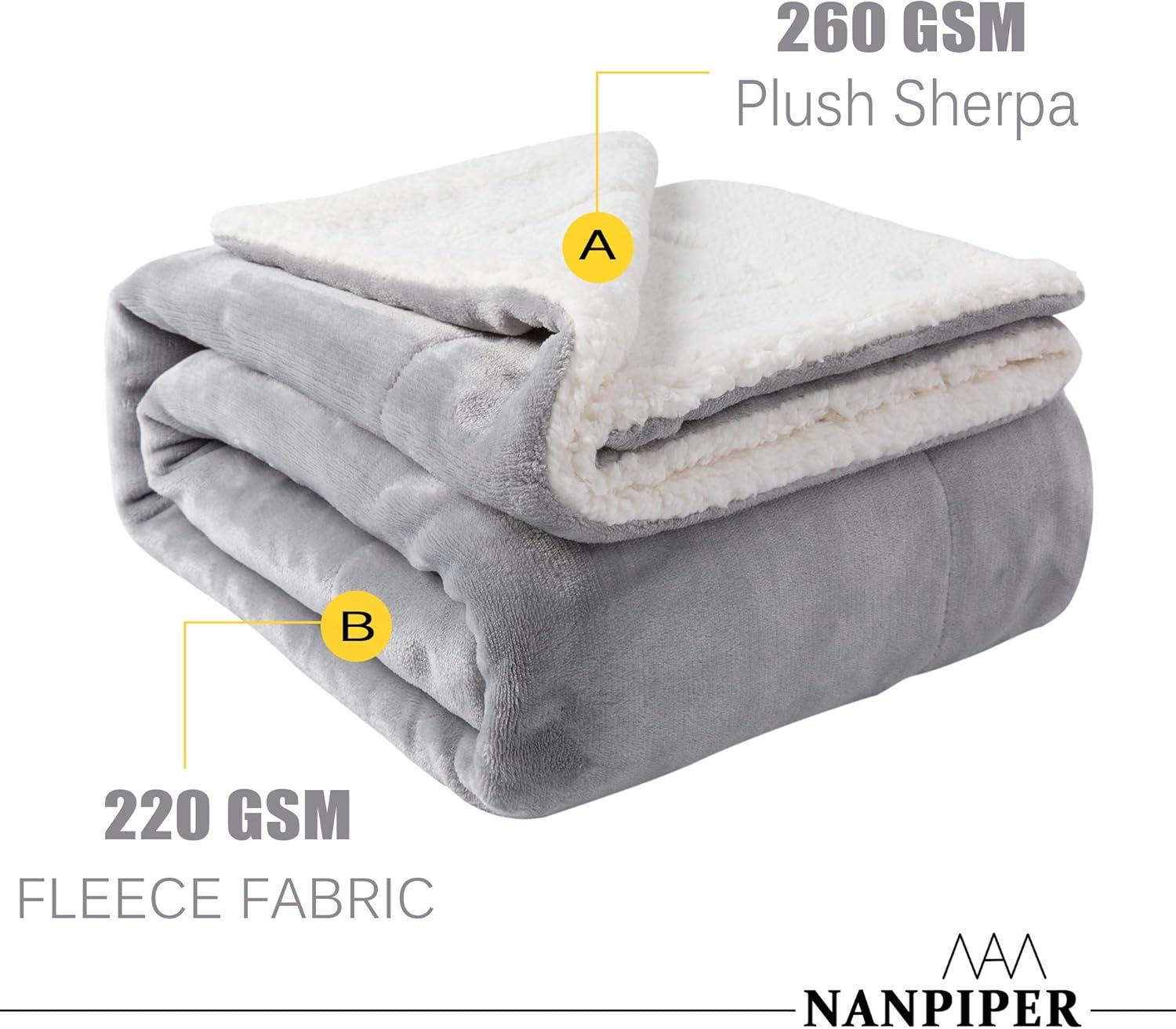 Light Grey Reversible Sherpa and Fleece Throw Blanket