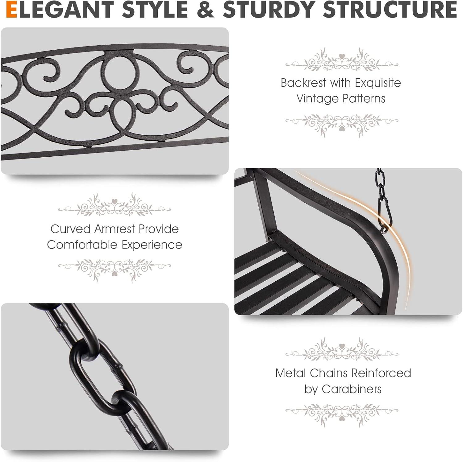 Resenkos Porch Swing, 2-Person Outdoor Porch Metal Hanging Swing Chair with Sturdy Chains-Brown, Hanging Outdoor Porch Swings for Garden, Backyard