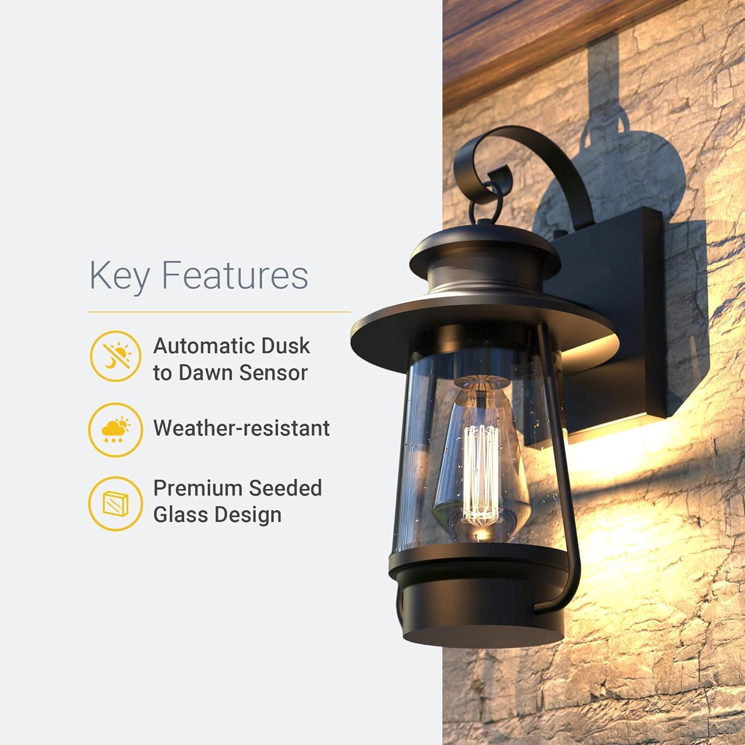 KODA Acadian Weather-Resistant Outdoor LED Wall Lantern with Integrated Dusk-to-Dawn Sensor, Includes Energy Star Rated LED Bulb, Premium Seeded Glass Design for Patio, Porch, Entryways