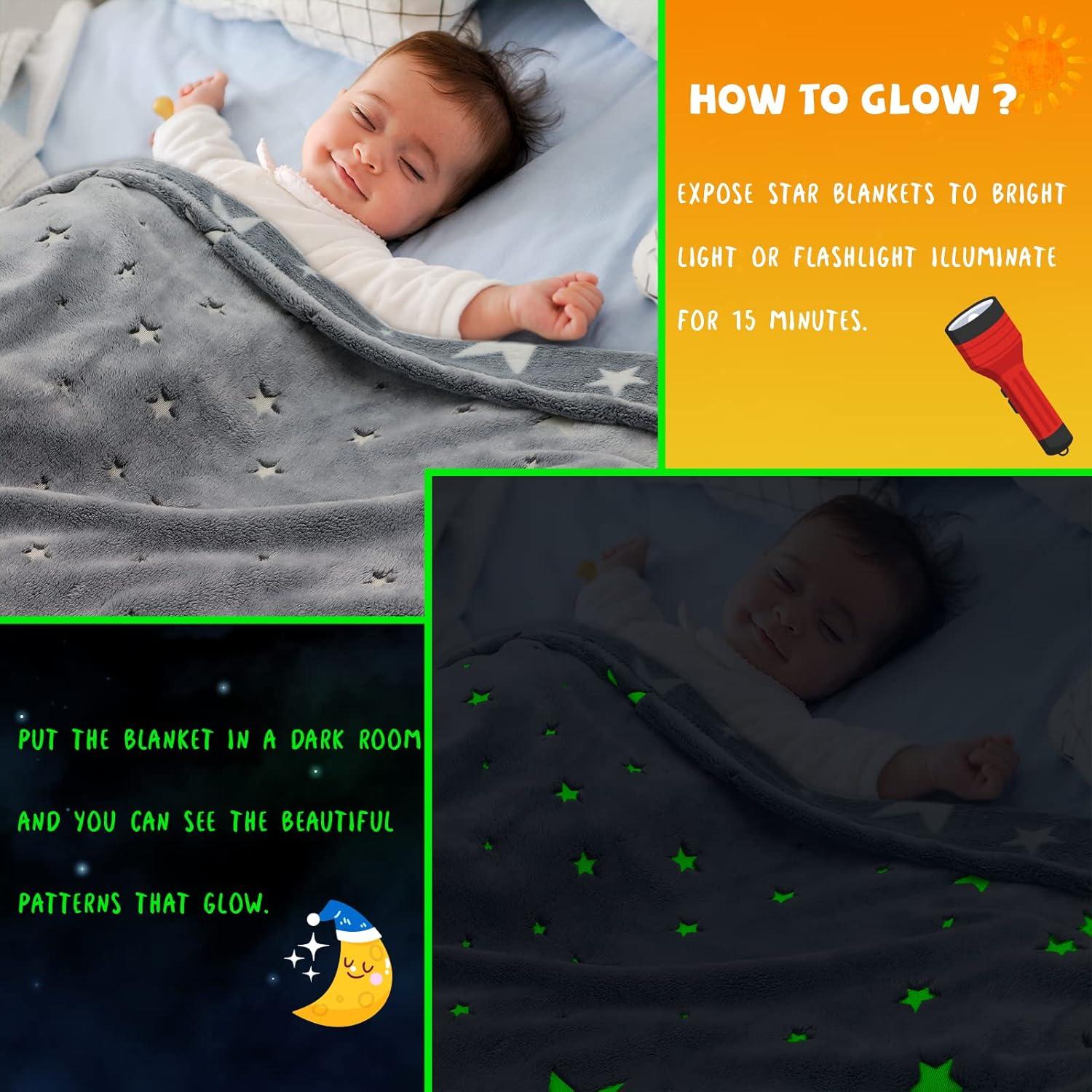 Glow in The Dark Blanket for Kids Unique Birthday Gifts for Girls Boys Teens Soft Cozy Warm Fuzzy Cute Throw Blanket All Seasons Gray Glowing Stars Blankets for Couch Sofa Bed 50"×60"