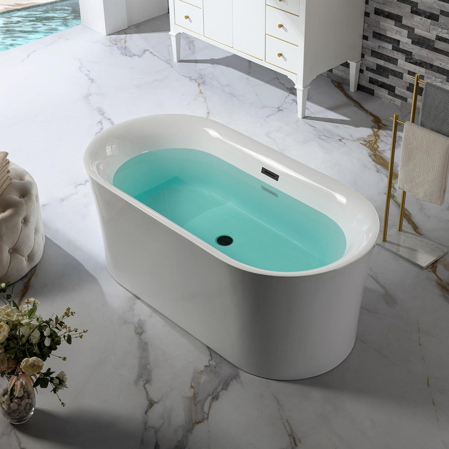 59" White Acrylic Freestanding Oval Bathtub with Matte Black Overflow