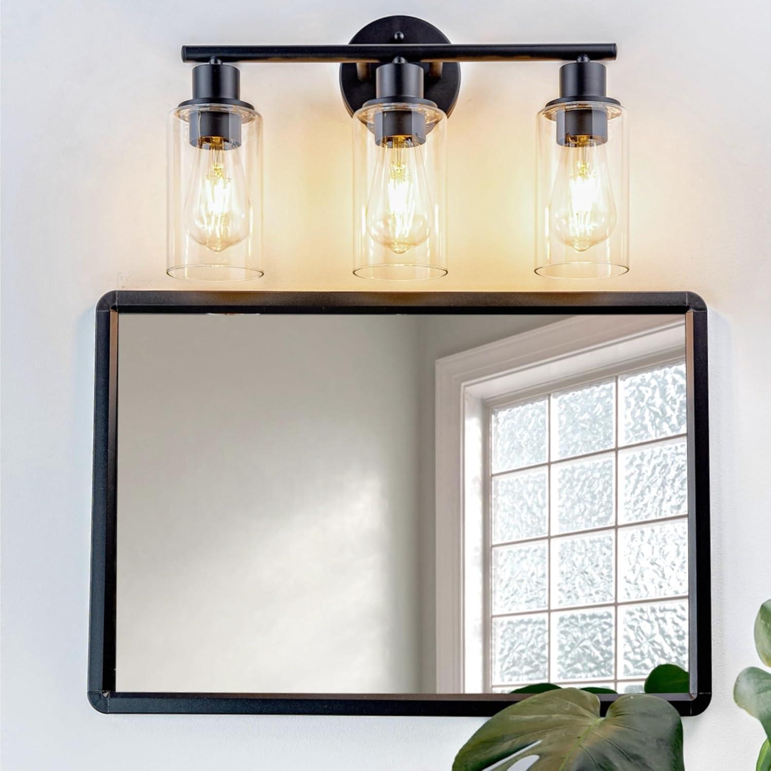 3-Light Bathroom Light Fixtures Bathroom Vanity Lights with Clear Glass Shades Matte Black Bathroom Light Fixtures over mirror for Mirror Living Room Cabinet Bedroom Porch