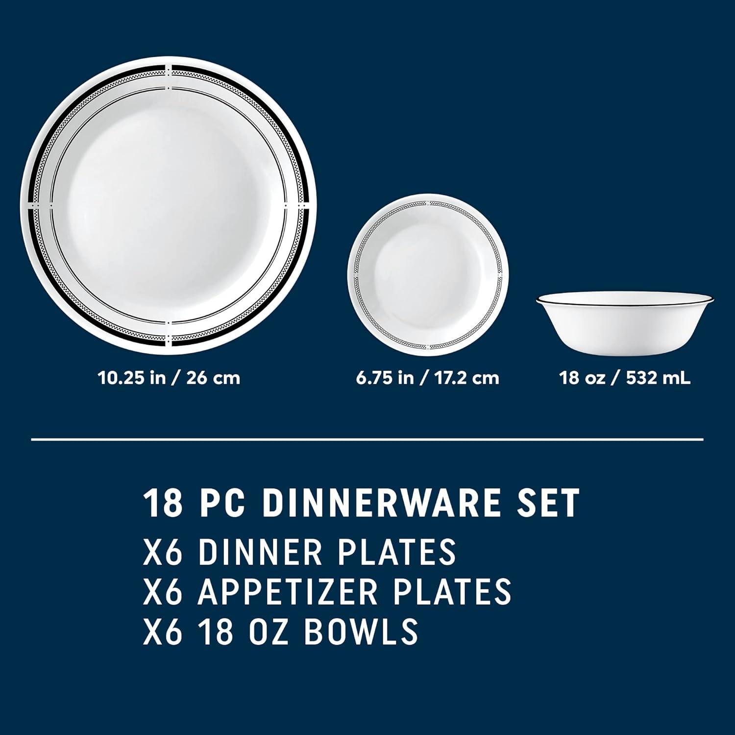 Corelle 18-Piece Glossy White and Black Glass Dinnerware Set