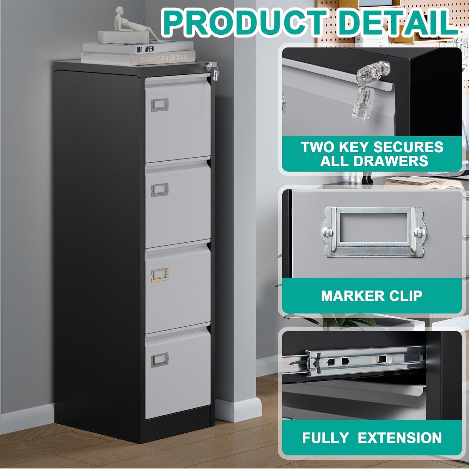 Black and Grey 4-Drawer Lockable Metal Filing Cabinet