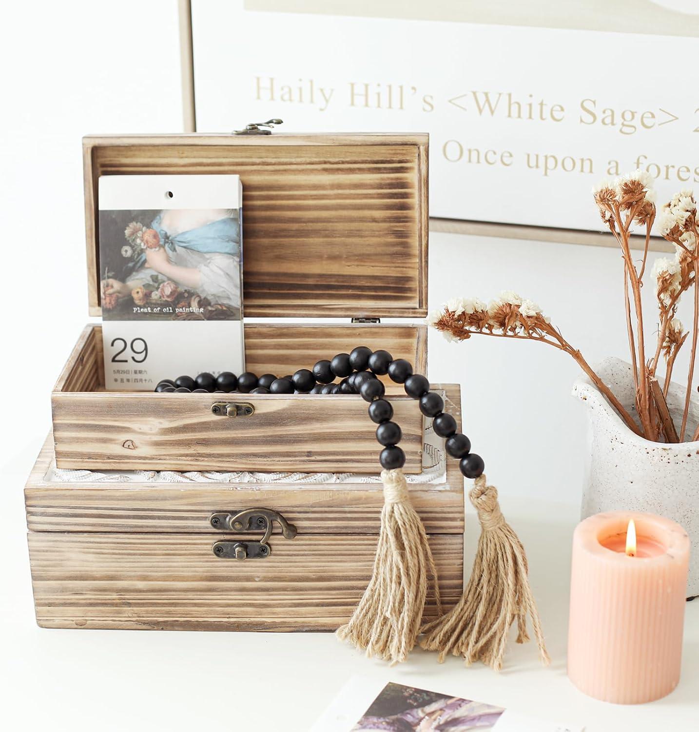 Wooden Box Set of 2 - Rustic Farmhouse Decorative Boxes with Hinged Lid and Carved Design