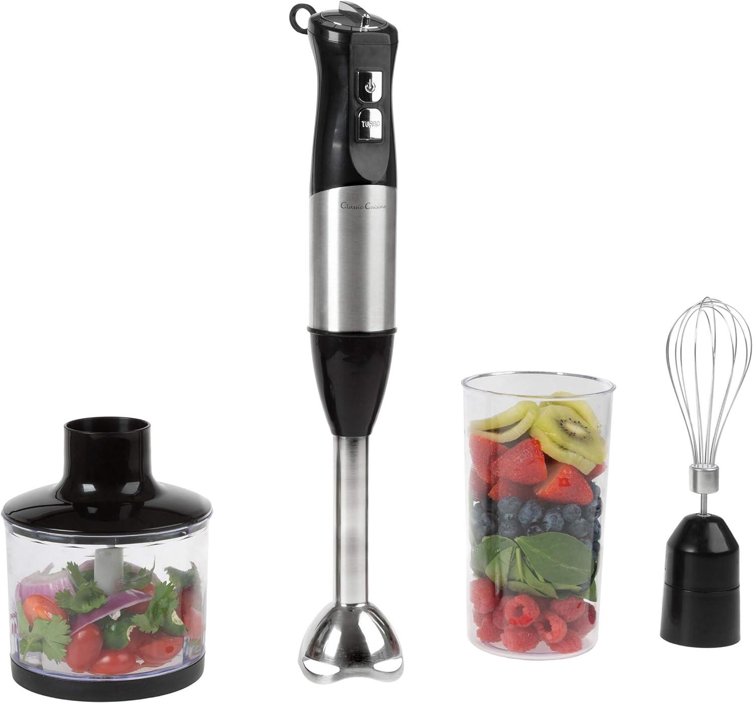 6-Speed Immersion Blender - 4-in-1 Hand Mixer with Whisk, Food Processor Cup, and 32oz Beaker for Soup, Smoothies, and More by Classic Cuisine (Black)